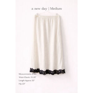 A New Day Cream Midi Slip Skirt Medium NWT Black Lace Trim Elastic Waist